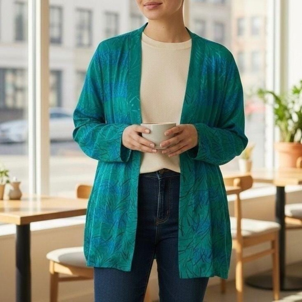 Norah Noh Silk Open Front Cardigan Womens 10 Teal Blue Abstract Print Jacket‎